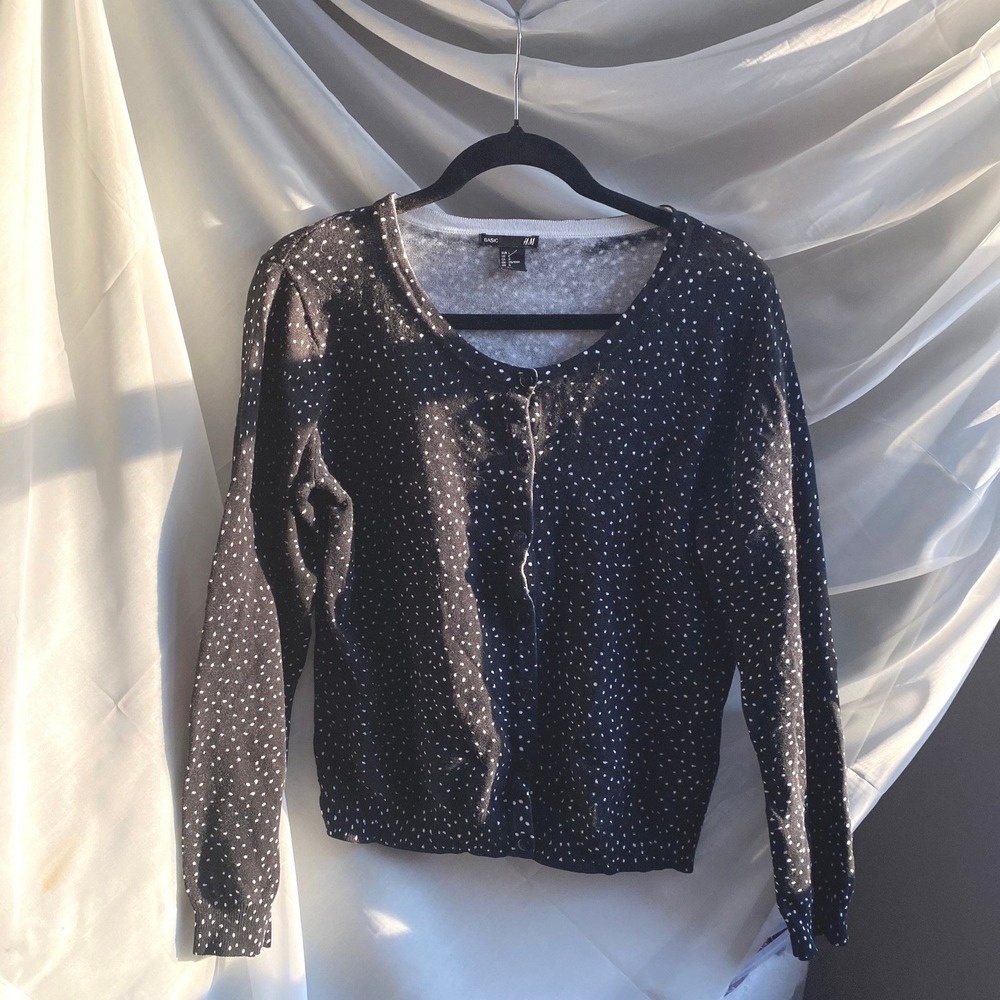 H&M Polka Dot Button Up‎ Black Cardigan Sweater Large Cotton Work Femme Capsule